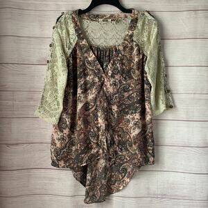 Gimmick's By BKE Boho Floral Paisley Button Up Blouse Crochet Lace Size M